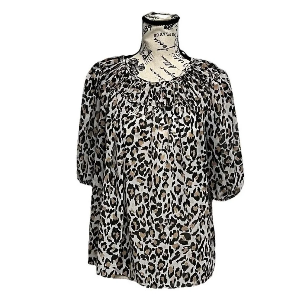 Banana Republic Sheer Leopard Blouse Women’s S Ruched Neck Puff Sleeve Peasent